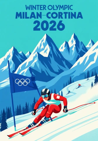 美しい冬季オリンピックポスター ミラノ・コルティナ 2026 スキー選手、松の木、雪の斜面が描かれています。