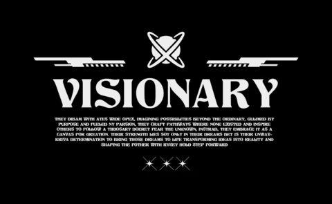 Template de design de camiseta com tipografia ousada visionária e símbolos de espadas e asas futuristas.