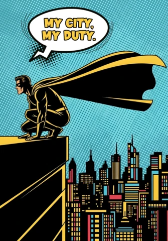 My City My Duty Comic-Style Superhero Overlooking Urban Skyline Poster Design Template