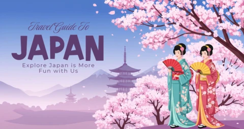 Travel Guide to Japan Poster Kimono-Clad Women, Cherry Blossoms, and Mount Fuji in Scenic Spring Design