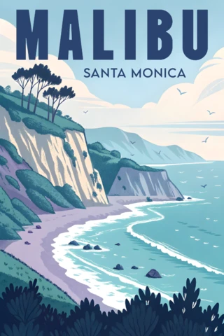 Malibu Coastal Scene Design for Retro Flat Travel Posters Template