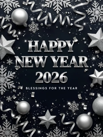 New Year Celebration Design Template with Silver Stars and Ornaments for Greeting Cards