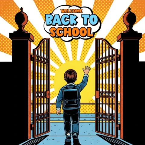 Welcome Back to School Student Entering Ornate Gate Toward Radiant Background Poster Design Template