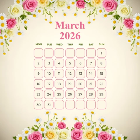 March 2026 Decorative Calendar Poster with Roses, Daisies, and Spring Theme