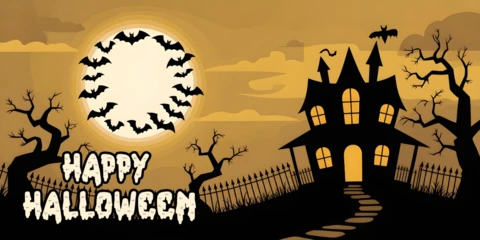 Halloween-Friedhof orange-brauner Dämmerung, Fledermäuse & gespenstische Atmosphäre Facebook-Cover-Designvorlage