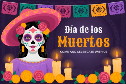Día De Los Muertos Celebration Template with Sugar Skull Design for Posters