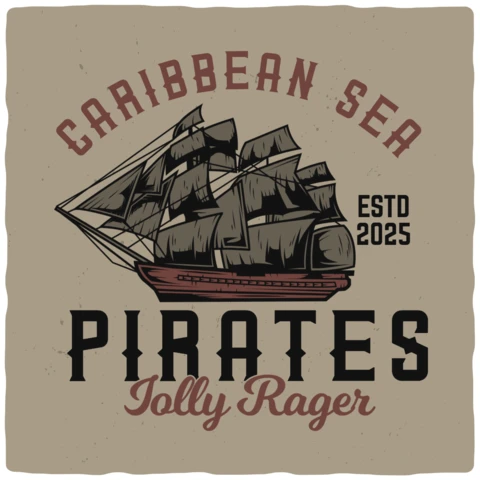 Pirate Sailing Vessel Vintage T-shirt Design Template