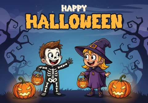 Modèle de design de fête d'Halloween avec des squelettes et des enfants sorciers avec des seaux de bonbons sous un ciel étoilé pour des flyers festifs.