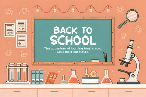Back to School Design Template with Chalkboard and Science Elements for Educational Posters