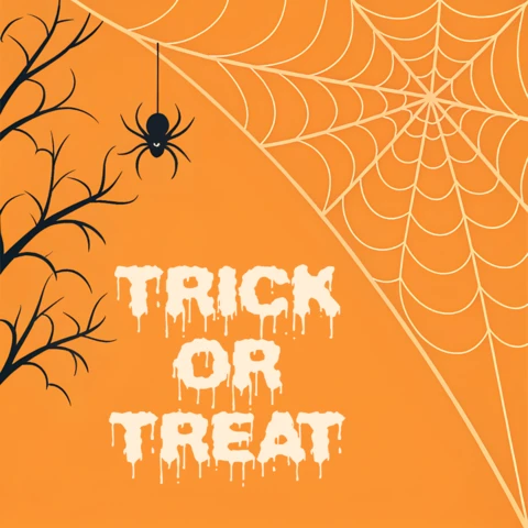 Straszny pomarańczowy wzór na Halloween z pająkiem i siecią na kartkę okolicznościową i szablon do merchandisingu