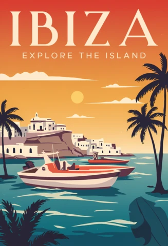 Retro Flat Ibiza Travel Poster Design with Boats and Palm Trees