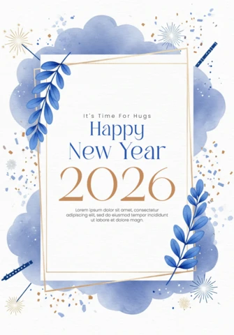 Neujahrsgrußvorlage festliches 2026 Design mit Konfetti, Sternen und eleganten botanischen Details
