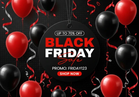 Stijlvolle Black Friday-poster met donkere achtergrond, hangtag, ballonnen en lintaccenten, verkoopontwerpsjabloon voor promotie.