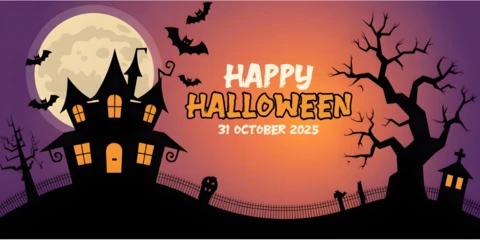 Halloween-Spukhaus, Vollmond, verdrehte Bäume & Friedhofsszene Facebook-Cover-Design-Vorlage