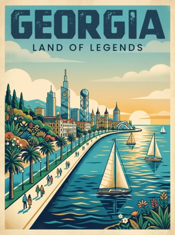 ヴィンテージレトロジョージア旅行ウォールアートプリント 伝説の地ポスター 海岸都市景観 ヤシの木 帆船 モダン歴史的建築 冒険風景