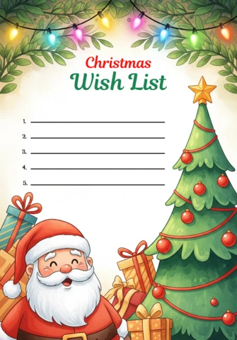 Wish List Template Cheerful Christmas Stationery with Santa Claus and Pine Garland Accents