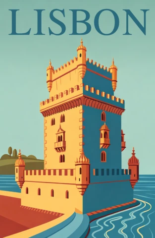Lisbon Belem Tower Illustration Template for Travel Posters and Wall Art Design