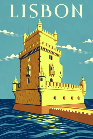 Lisbon Tower Vintage Design Template for Travel Poster