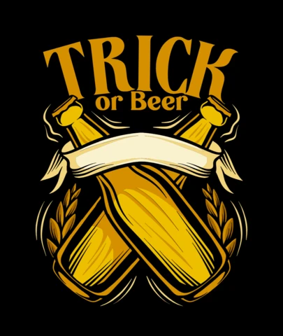 Truco o cerveza, cita divertida de fiesta de Halloween con gráfico de botellas cruzadas para diseño de camiseta de merch alcohólico.