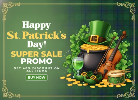 Saint Patrick’s Day Advertising Poster Design Template with Shamrocks, Pot of Gold, and Special Offer