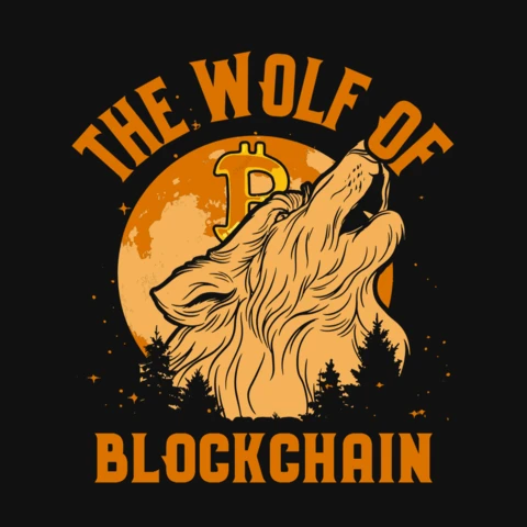 Der wolf der blockchain bitcoin t-shirt design vorlage