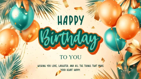 Modelo de cartão de feliz aniversário com balão tropical laranja e azul-petróleo