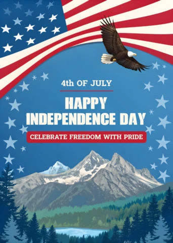 Template de design para celebração do dia da independência com águia e montanhas