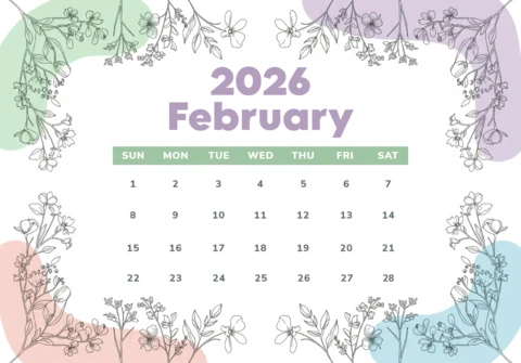 February 2026 Calendar Artistic Botanical Theme with Soft Colors and Elegant Purple Typography