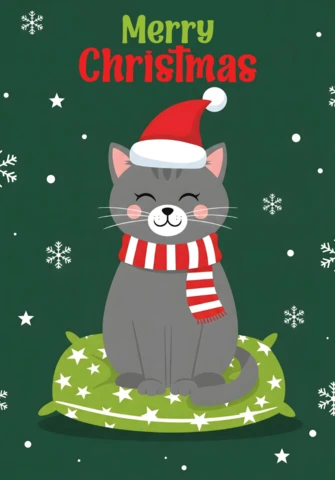 Christmas Greeting Card Cute Gray Cat in Santa Hat and Scarf On Starry Cushion with Snowflakes