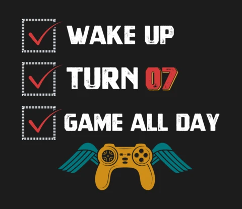 Réveillez-vous, tournez 07, jouez toute la journée avec la manette ailée, modèle de t-shirt gaming