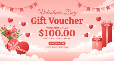 Plantilla de vale de regalo para el Día de San Valentín con corazones decorativos, cajas de regalo y fondo festivo para promociones.