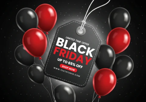 Festive Black Friday Sale Celebration Layout with Balloons and Central Discount Tag Design Template for Promotional Flyers