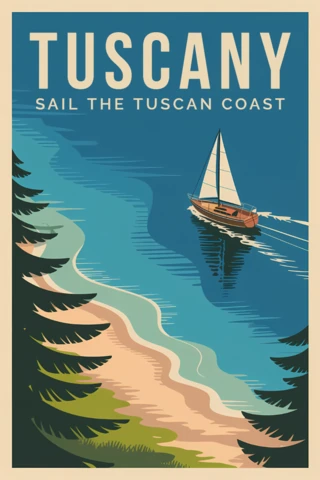 Vintage Travel Poster Design Template for Tuscany Coastal Sailing Adventure