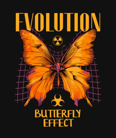 Butterfly Effect Orange Wings with Purple Grid & Mutation Motif T-Shirt Design Template