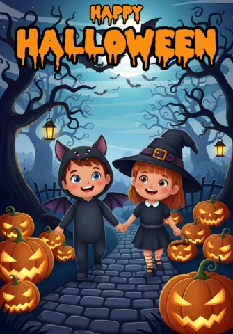 Invito di Halloween spettrale con bambini in costume, alberi contorti e zucche luminose, template per volantini festivi.