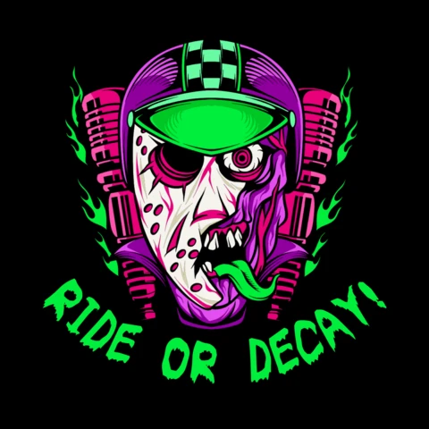 Jazda lub rozkład punkowy zombie motocyklista z ognistym hełmem, płomieniami i estetyką cyber-mechaniczną - szablon projektu koszulki