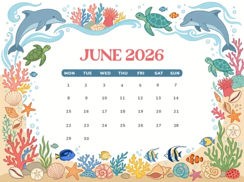 Calendario mensual de junio de 2026 con ilustraciones de vida marina y arrecifes de coral.