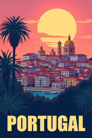 Coucher de soleil dans le design de paysage du Portugal pour le modèle d'affiches de voyage
