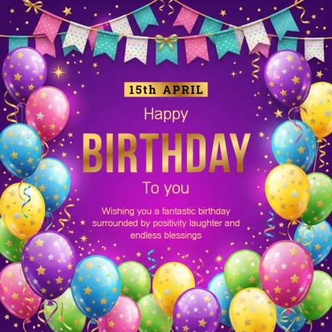 Póster decorativo de cumpleaños fondo morado con globos, estrellas y alegres deseos de cumpleaños