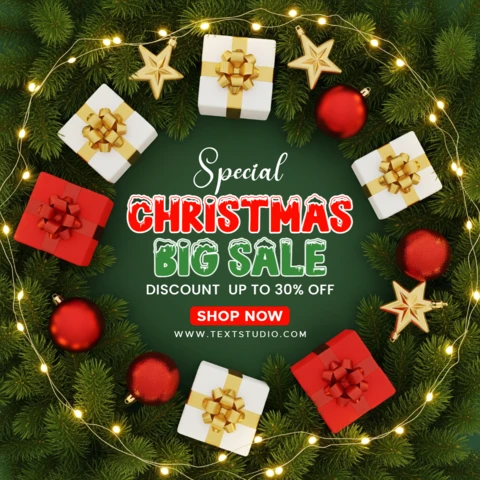 Festive Christmas Template with Gold Bows, Baubles, and Decorative Wreath Layout Christmas Big Sale Flyer