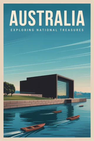 Modelo de cartaz de viagem vintage da Austrália com vista para o waterfront e arquitetura moderna.