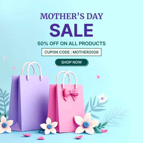 Mother's Day Sale Design Template with 3D Gift Bags and Floral Elements