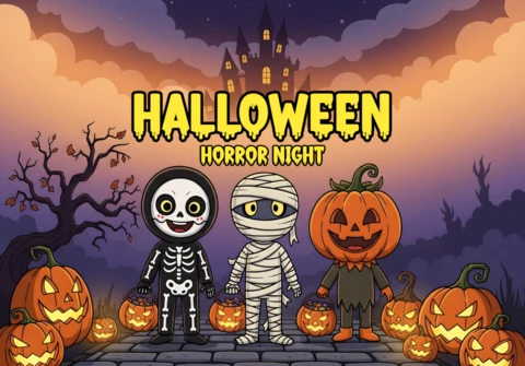 Halloween-Horrornacht mit Skeletten, Mumien und Kürbis-Kopf-Kindern, einem spukenden Schloss, Fledermäusen und leuchtenden Kürbissen – Designvorlage für festliche Flyer.
