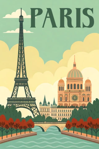 Paris Vintage Art Deco Design for Retro Flat Travel Posters Print