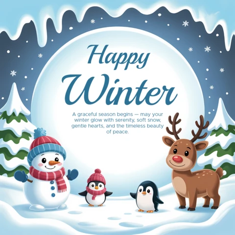 Template di design invernale per biglietti di auguri delle festività con pupazzo di neve, pinguino e renna.