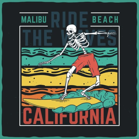 Skeleton With Surfing Board T-Shirt Design Template