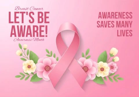 Floral Breast Cancer Awareness Pink Ribbon & Life-Saving Message Banner Design Template