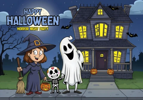 Gruselige Halloween-Geisterhaus-Szene mit Hexe, Skelett und Geisterkindern sowie Kürbislaternen, Designvorlage für festliche Flyer.