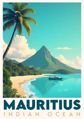Mauritius Rempart Dağı ile retro seyahat afişi tasarımı, tanıtım amaçlı kullanıma yönelik.