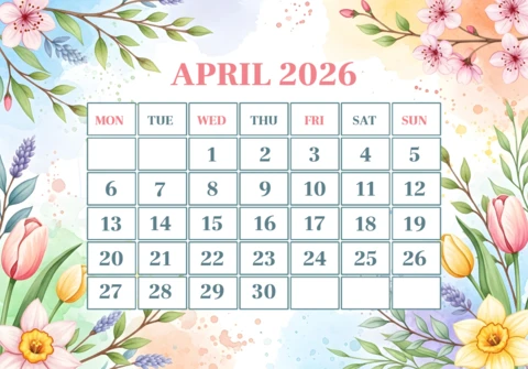 April 2026 Calendar Poster — Tulips, Daffodils, Lavender, Cherry Blossoms, and Pastel Spring Floral Theme